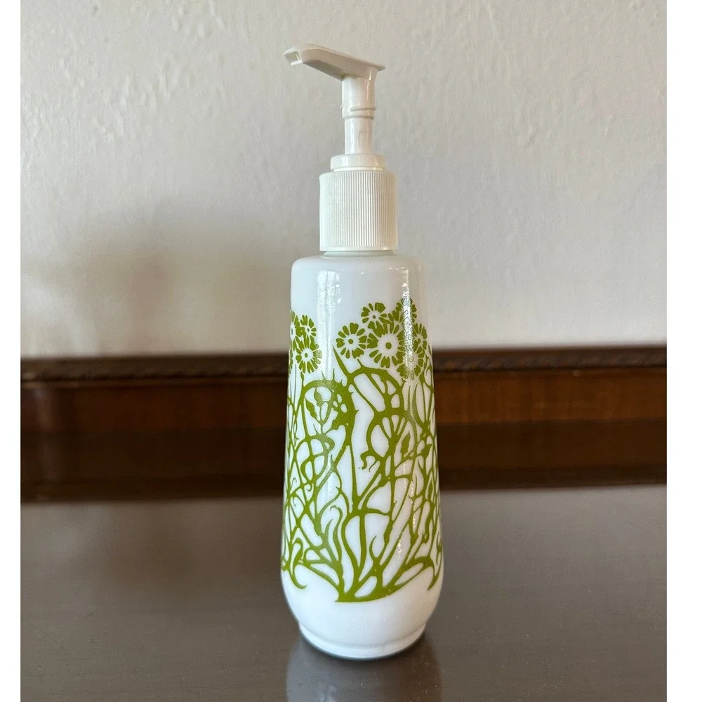 Amway Vintage 70s Milk Glass White Lotion Soap Pump Bottle Green Floral Empty